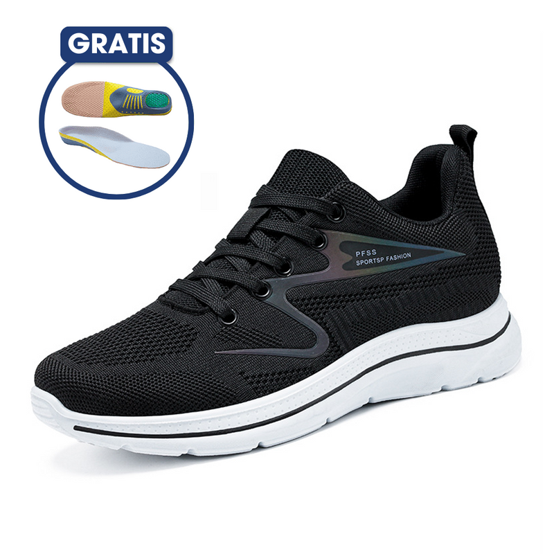 Schwarzer Sportschuh mit weißer Sohle, atmungsaktiv, gratis Einlegesohle, Herren Sneaker.
