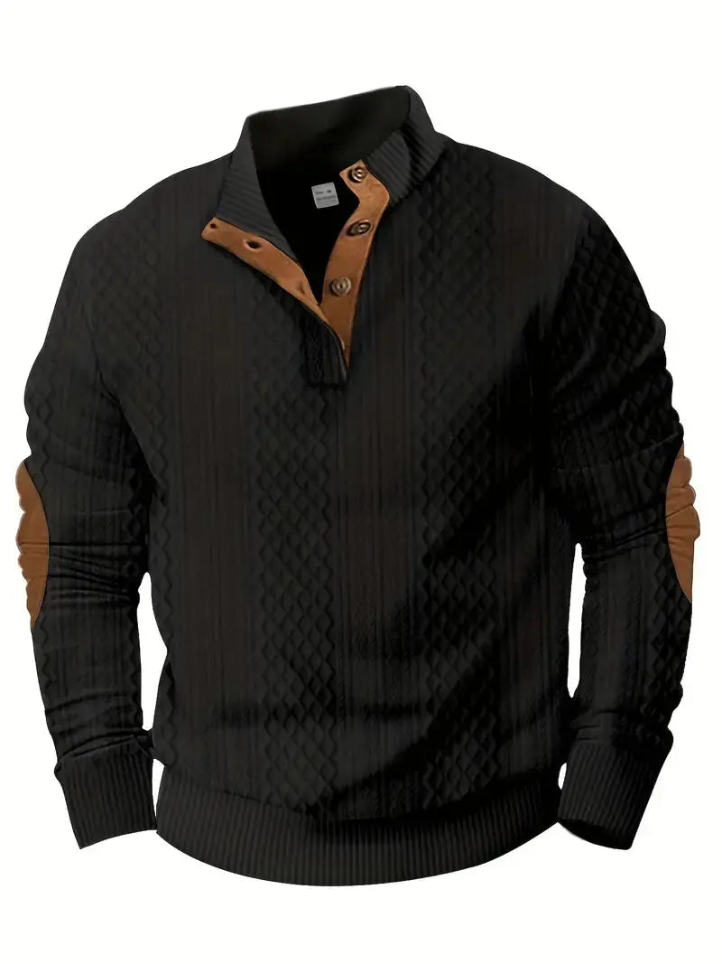 Schwarzer Outdoor-Strickpullover mit braunen Patches, Herrenmode, warm, stilvoll.