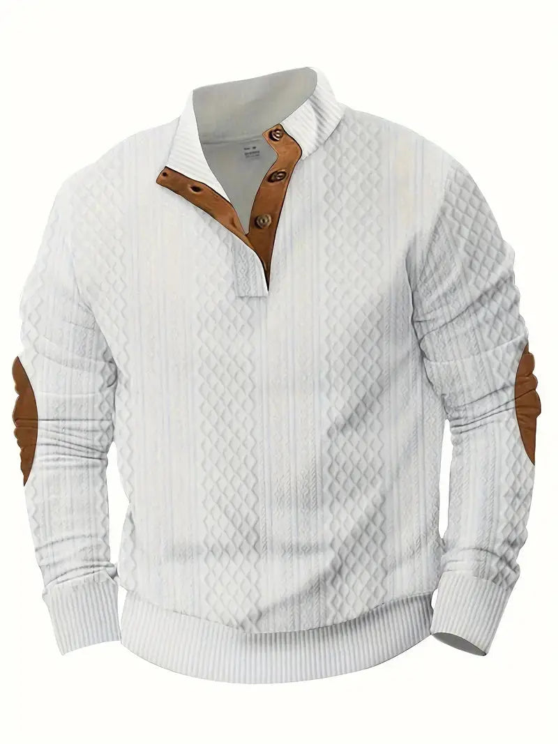 Weiße Strickpullover mit braunen Patches, Herrenmode, Outdoor, Baumwolle, stilvoll, bequem.