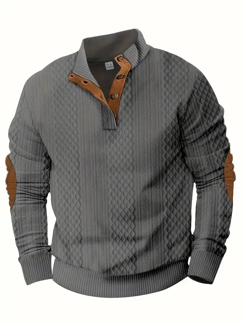 Grauer Strickpullover mit braunen Patches, Outdoor-Mode, Herrenbekleidung, warm, stilvoll.