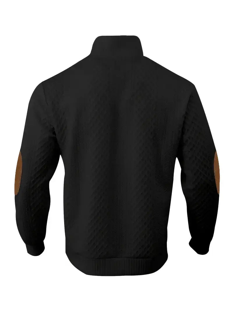 Schwarzer Outdoor-Strickpullover mit braunen Ellbogen-Patches, Herrenmode, warm, stilvoll.