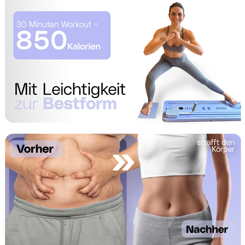 Frau beim Pilates-Training, Vorher-Nachher-Ergebnis, Kalorienverbrauch, Fitness, Gewichtsverlust.