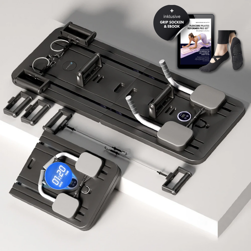 Pilates Reformer Set, schwarz, faltbar, mit Zubehör, ideal für Heimtraining und Fitness.