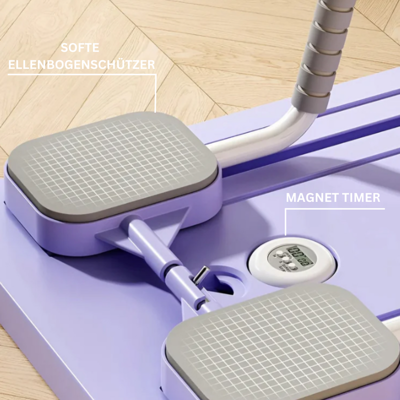 Lila Pilates Reformer mit weichen Ellenbogenschützern und Magnet-Timer auf Holzfußboden.