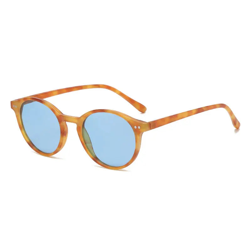 Runde Sonnenbrille, braunes Gestell, blaue Gläser, modisch, Unisex, Accessoire.
