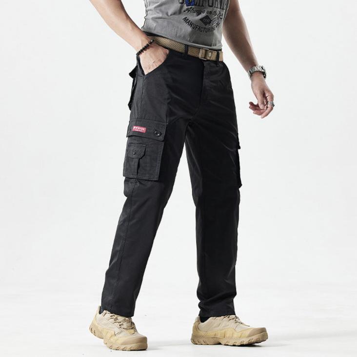 Schwarze Herren-Cargohose, Baumwolle, mit Taschen, lässig, Outdoor, modisch, bequem.