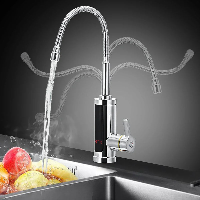 Wasserhahn mit flexiblem Auslauf, Edelstahl, LED-Temperaturanzeige, Küche, modern, silber.