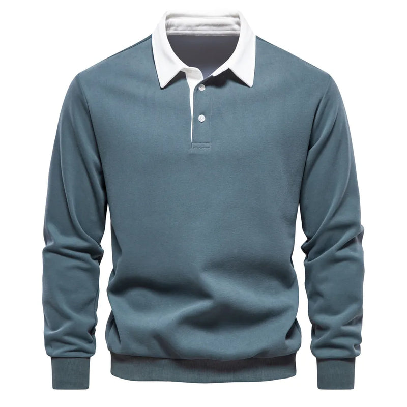 Blauer Herren-Pullover mit weißem Kragen, Langarm, Baumwolle, klassisches Design.