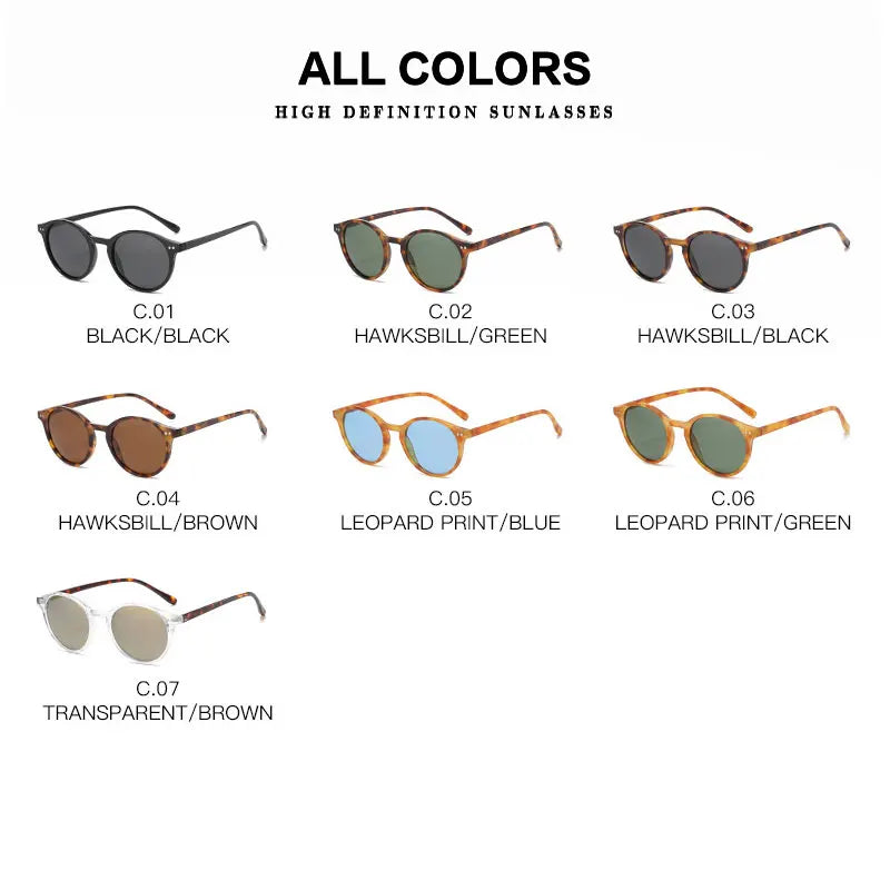 Sonnenbrillen-Kollektion, verschiedene Farben, runde Gläser, modisch, unisex, UV-Schutz.