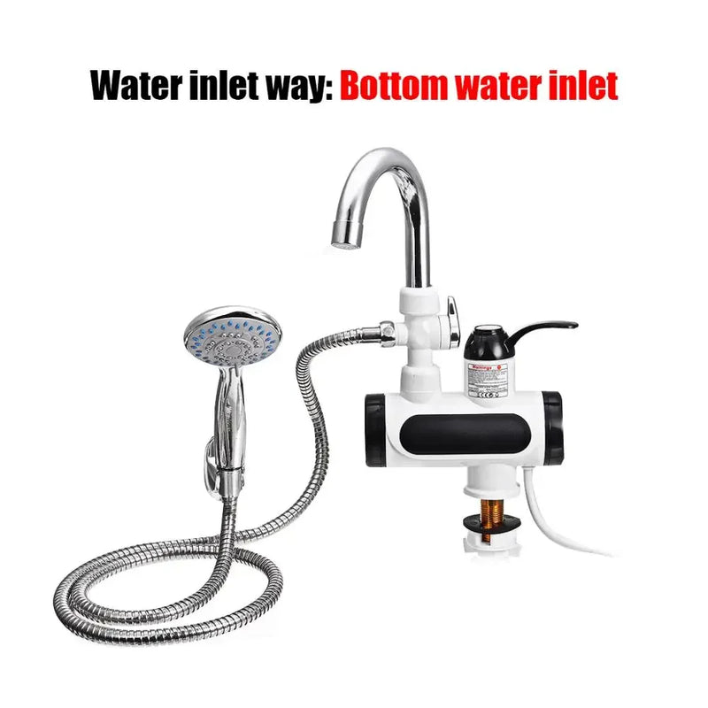 Elektrischer Wasserhahn mit Duschkopf, Edelstahl, weiß-schwarz, Bodenwasseranschluss