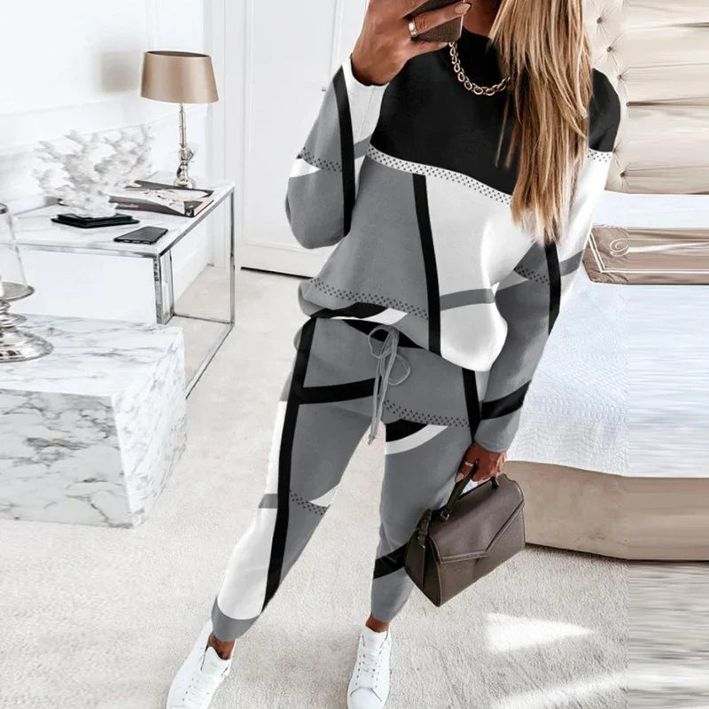 Farbblock-Patchwork-Damen-Set, Sweatshirt und Jogginghose, grau-schwarz-weiß, modisch.