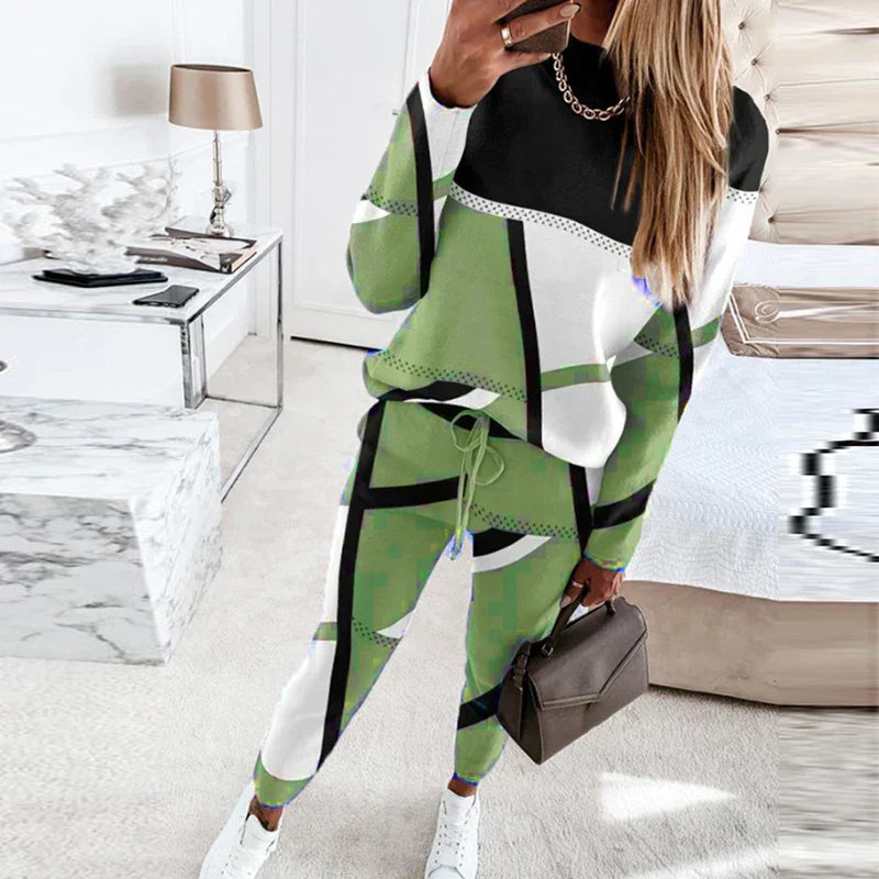 Farbblock-Patchwork-Damen-Set, grün-schwarz-weiß, Sweatshirt und Jogginghose, modisch.