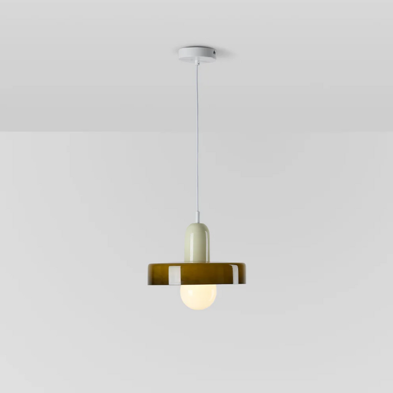 Moderne Pendelleuchte aus Glas, olivgrün, minimalistisch, für Wohnzimmer oder Esszimmer.