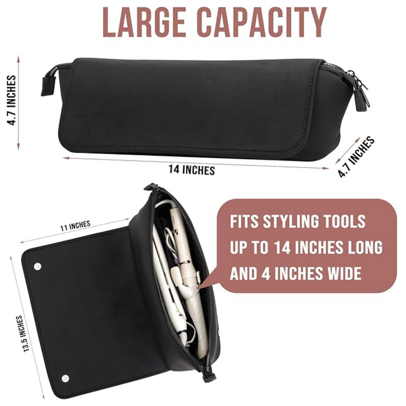 Schwarze Kosmetiktasche, große Kapazität, 14 Zoll, für Styling-Tools, Reißverschluss.