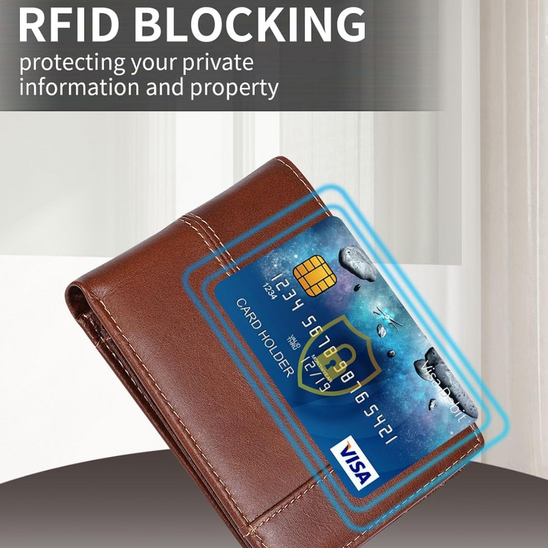 Braune RFID-blockierende Geldbörse aus Leder, schützt Kreditkarten vor Datendiebstahl.