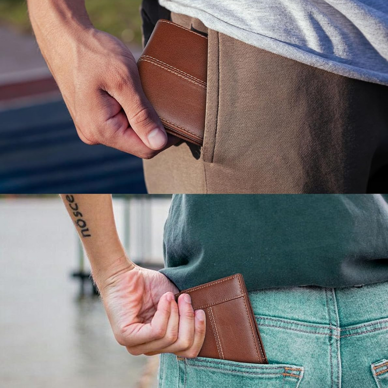 Braune Lederbrieftasche, kompakt, in Hosentasche gesteckt, stilvoll und praktisch.