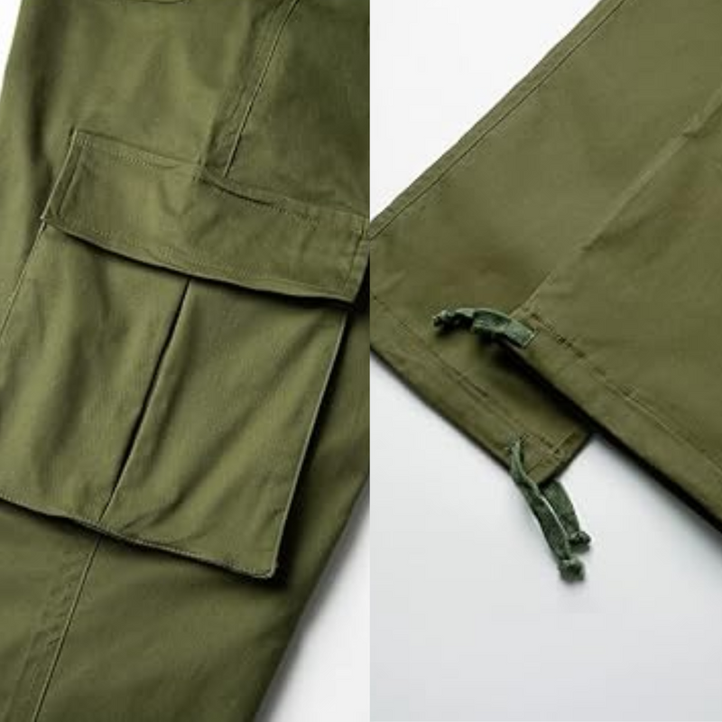 Grüne Cargo-Hose aus Baumwolle mit Seitentaschen, robustes Design für Outdoor-Aktivitäten.