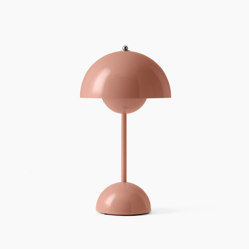 Rosa Tischlampe aus Metall, modernes Design, Pilzform, ideal für Wohnzimmer oder Büro.