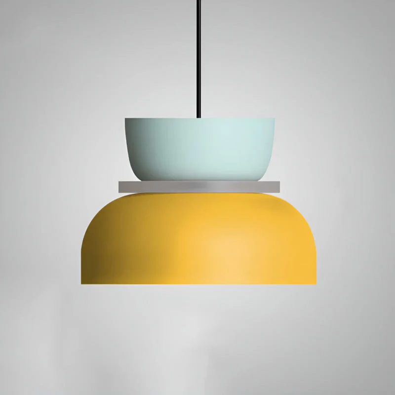 Moderne Hängelampe, gelb und blau, minimalistisches Design, Inneneinrichtung, Beleuchtung.