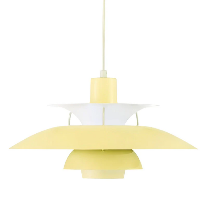 Gelbe Pendelleuchte, skandinavisches Design, Metall, modern, Wohnzimmerbeleuchtung, minimalistisch.