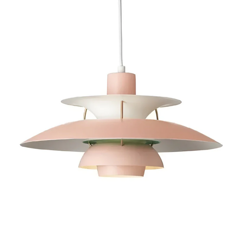 Rosa-weiße Pendelleuchte, modernes Design, Metall, skandinavischer Stil, Innenbeleuchtung.