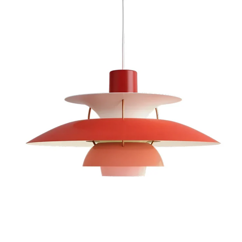 Rote Pendelleuchte, modernes Design, mehrschichtiger Lampenschirm, skandinavischer Stil.