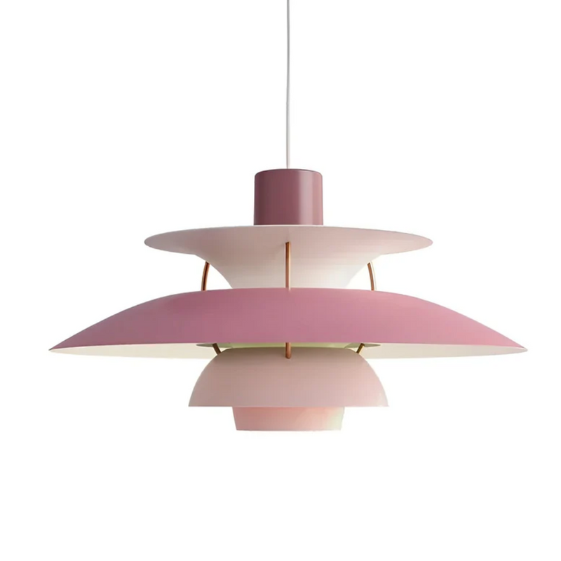 Rosa Pendelleuchte, modernes Design, mehrschichtige Schirme, skandinavischer Stil, Wohnzimmerbeleuchtung.