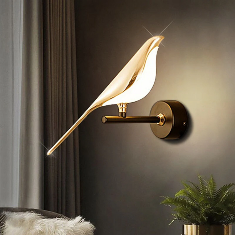 Goldene Vogel-Wandleuchte, modernes Design, LED, Wohnzimmerbeleuchtung, elegante Dekoration.