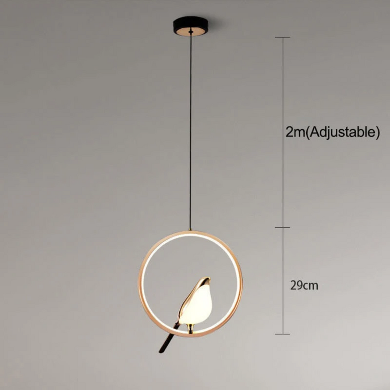 Moderne LED-Pendelleuchte mit Vogel-Design, verstellbar, 2m, goldfarben, 29cm Durchmesser.
