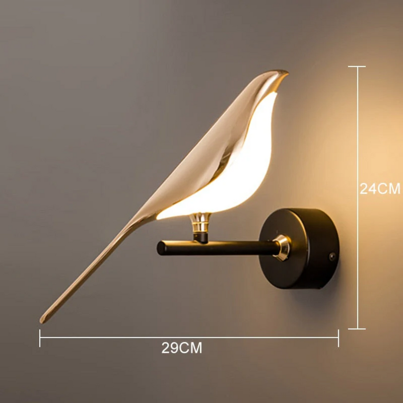 Goldene Vogel-Wandleuchte, modernes Design, LED-Beleuchtung, 29x24 cm, Innenbeleuchtung.