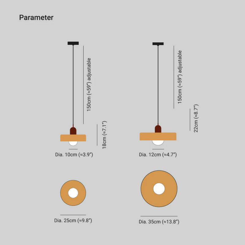 Diagramm von zwei verstellbaren Pendelleuchten, Durchmesser 10cm und 12cm, in Braun und Weiß.
