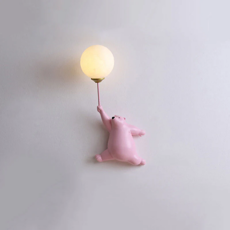 Rosa Bären-Wandleuchte mit Kugel-Lampe, Kinderzimmer-Dekoration, modernes Design.