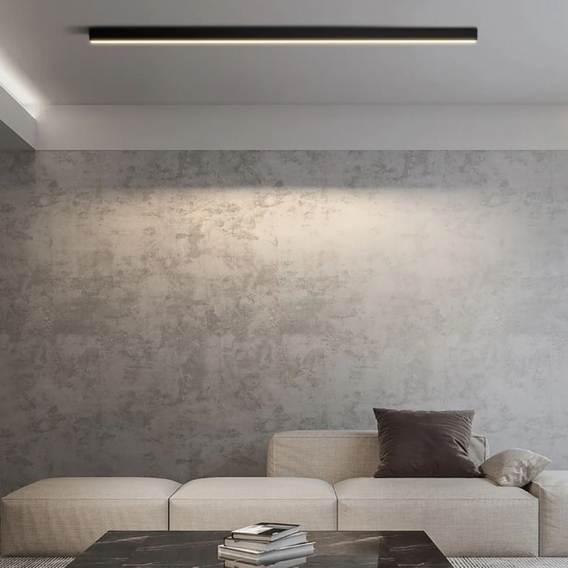 Moderne LED-Deckenleuchte schwarz, Wohnzimmer, minimalistisch, energiesparend, stilvoll.