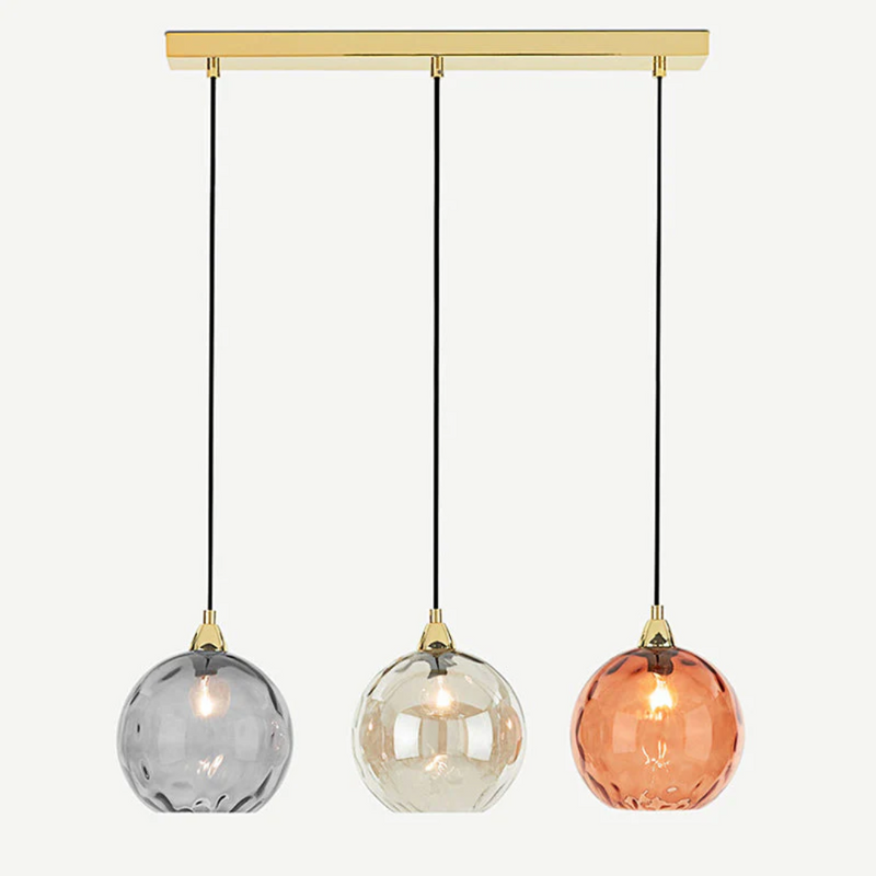Dreifache Pendelleuchte, Glas, goldene Halterung, moderne Hängelampe, Wohnzimmerbeleuchtung