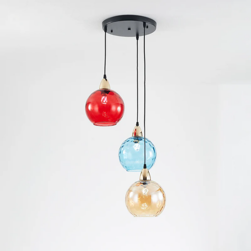 Dreifarbige Pendelleuchte aus Glas, modern, rot-blau-gold, für Wohnzimmer, Deckenbeleuchtung.