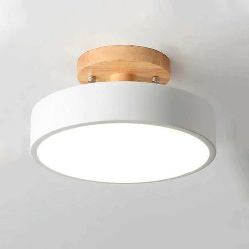 Moderne LED-Deckenleuchte, rund, weiß, Holzoptik, energiesparend, für Wohnzimmer.