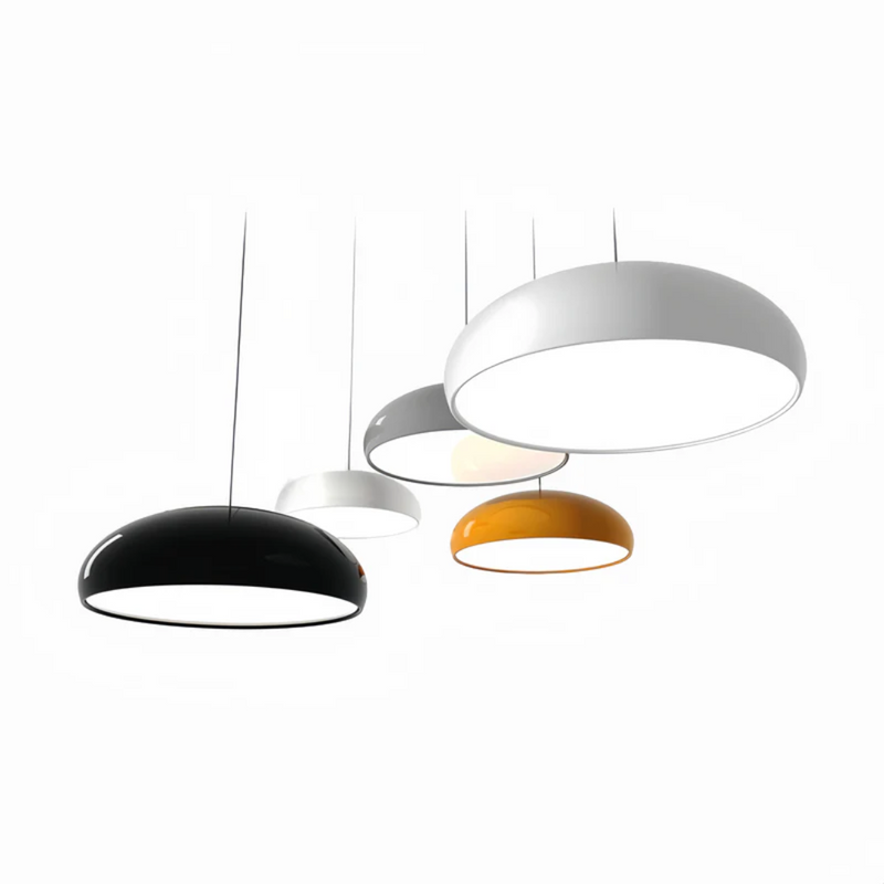 Moderne Hängelampen in Schwarz, Weiß, Grau und Gelb, minimalistisches Design, Innenbeleuchtung.