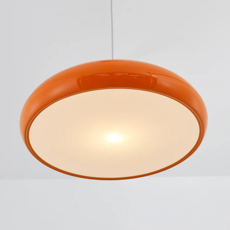 Orangefarbene Deckenleuchte, rund, modern, LED, Wohnzimmerbeleuchtung, energiesparend.