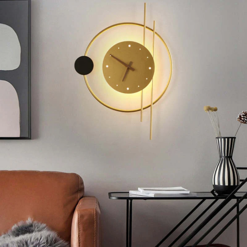 Moderne Wanduhr aus Metall, goldfarben, mit LED-Beleuchtung, dekorativ, Wohnzimmer.