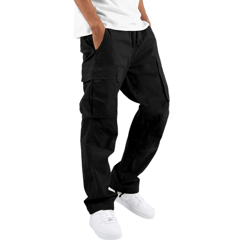 Schwarze Cargo-Hose Herren, Baumwolle, lässig, mit Taschen, ideal für Freizeitkleidung.
