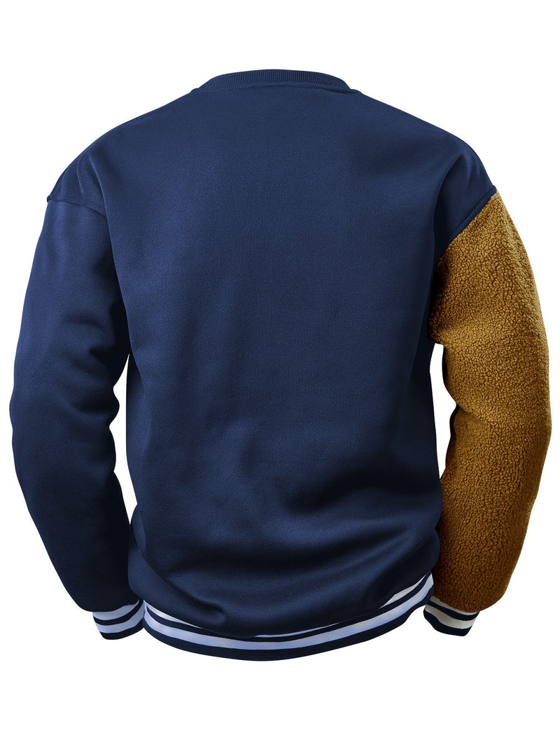 Blauer Herren-Sweatshirt mit braunem Teddyfell-Ärmel, sportlich, bequem, modisch.