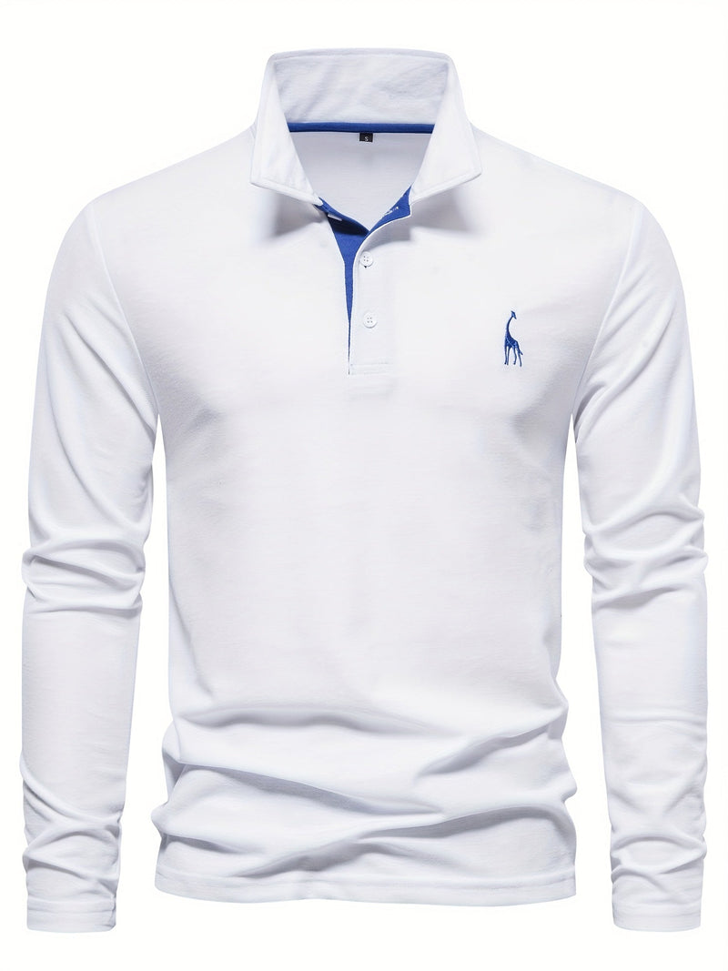 Weißes Herren-Poloshirt, langärmelig, Baumwolle, klassischer Kragen, elegantes Design.