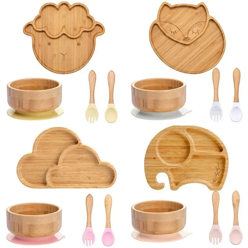 Bambus-Kindergeschirr-Set mit Tiermotiven, Schalen, Löffel und Gabeln, umweltfreundlich