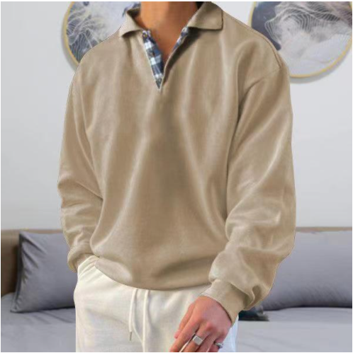 Beiger Herrenpullover mit Kragen, kariertes Innenfutter, lässiger Stil, Langarm, Baumwolle.