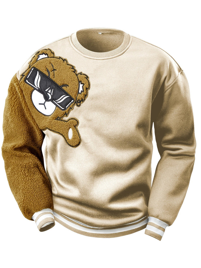 Beiger Sweatshirt mit Bärenmotiv, Sonnenbrille, Plüscharm, Unisex, modisch, Baumwolle.