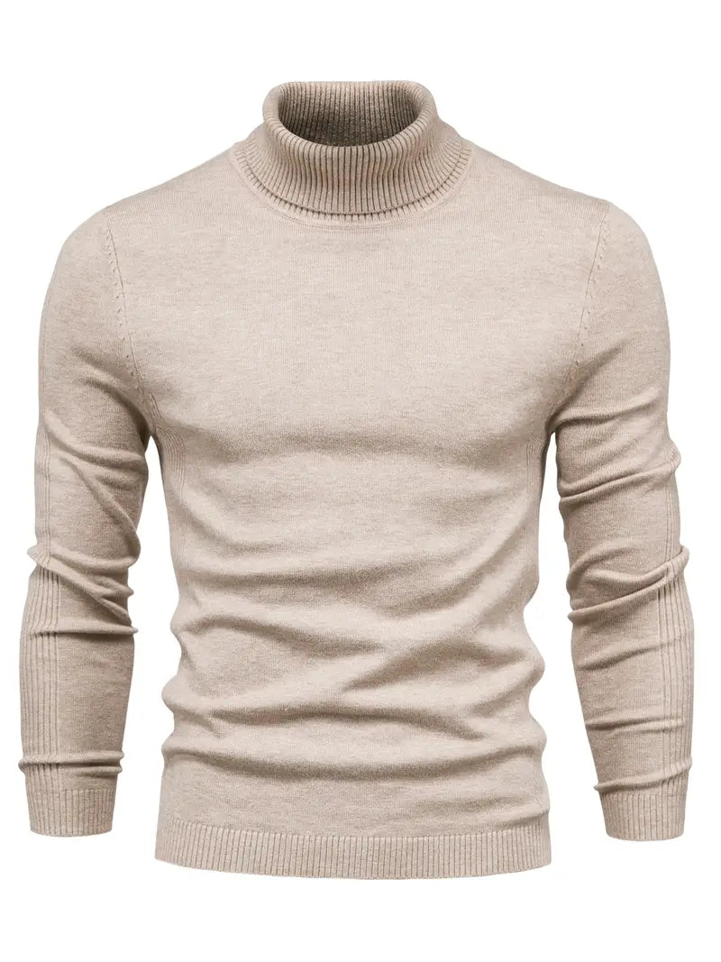 Beiger Rollkragenpullover Herren, Strick, Langarm, Wintermode, warm, elegant.