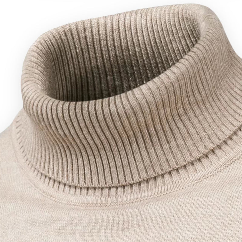 Beiger Rollkragenpullover aus Wolle, gestrickt, warm, modisch, für Herbst und Winter.