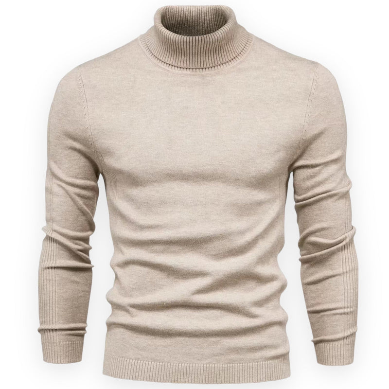 Beiger Rollkragenpullover Herren, Strick, warm, elegant, Wintermode, Baumwolle, Langarm.