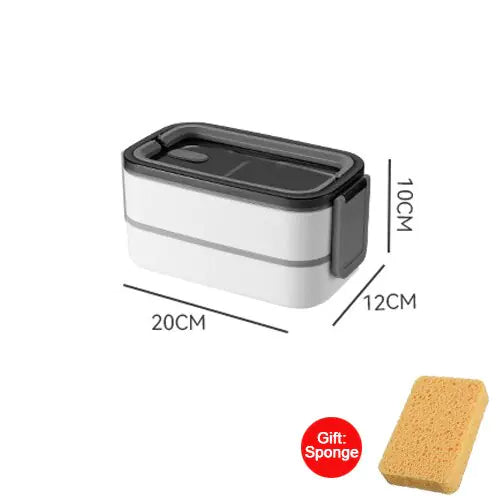 Weiße Bento-Box mit schwarzem Deckel, 20x12x10 cm, inklusive Schwamm als Geschenk.