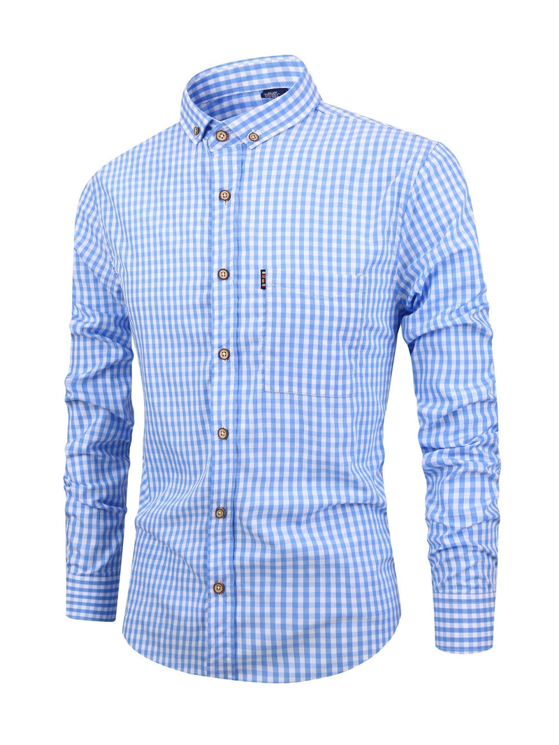 Blau-weiß kariertes Herrenhemd, langärmelig, Button-Down-Kragen, Baumwolle.